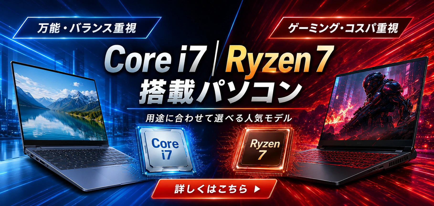 Core i7・Ryzen 7搭載パソコン一覧。万能でバランスの良いCore i7、ゲーミングやコスパ重視のRyzen 7から選びたい方におすすめです。