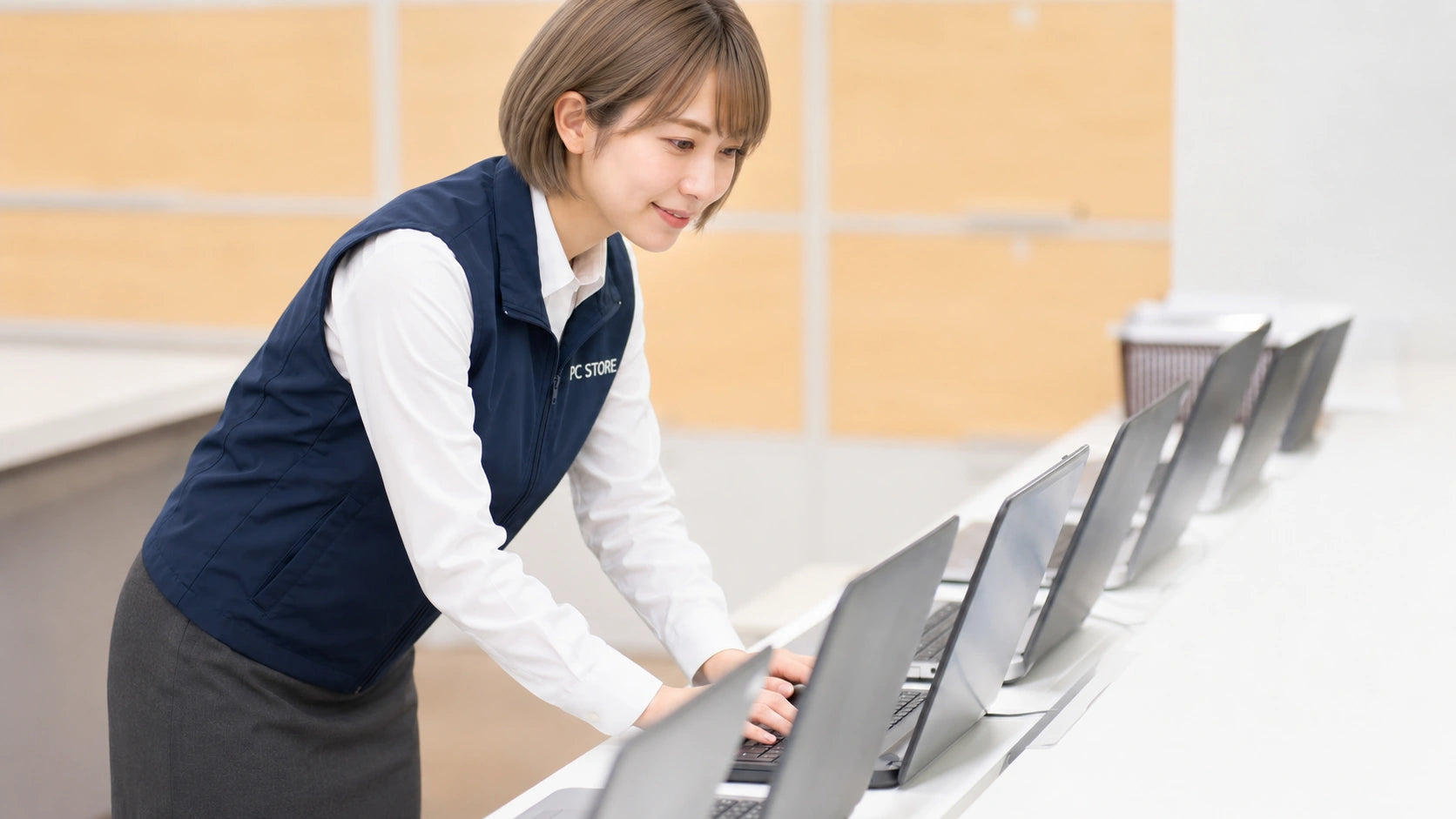 中古パソコンのデータ消去作業を行うPC STOREスタッフの七海
