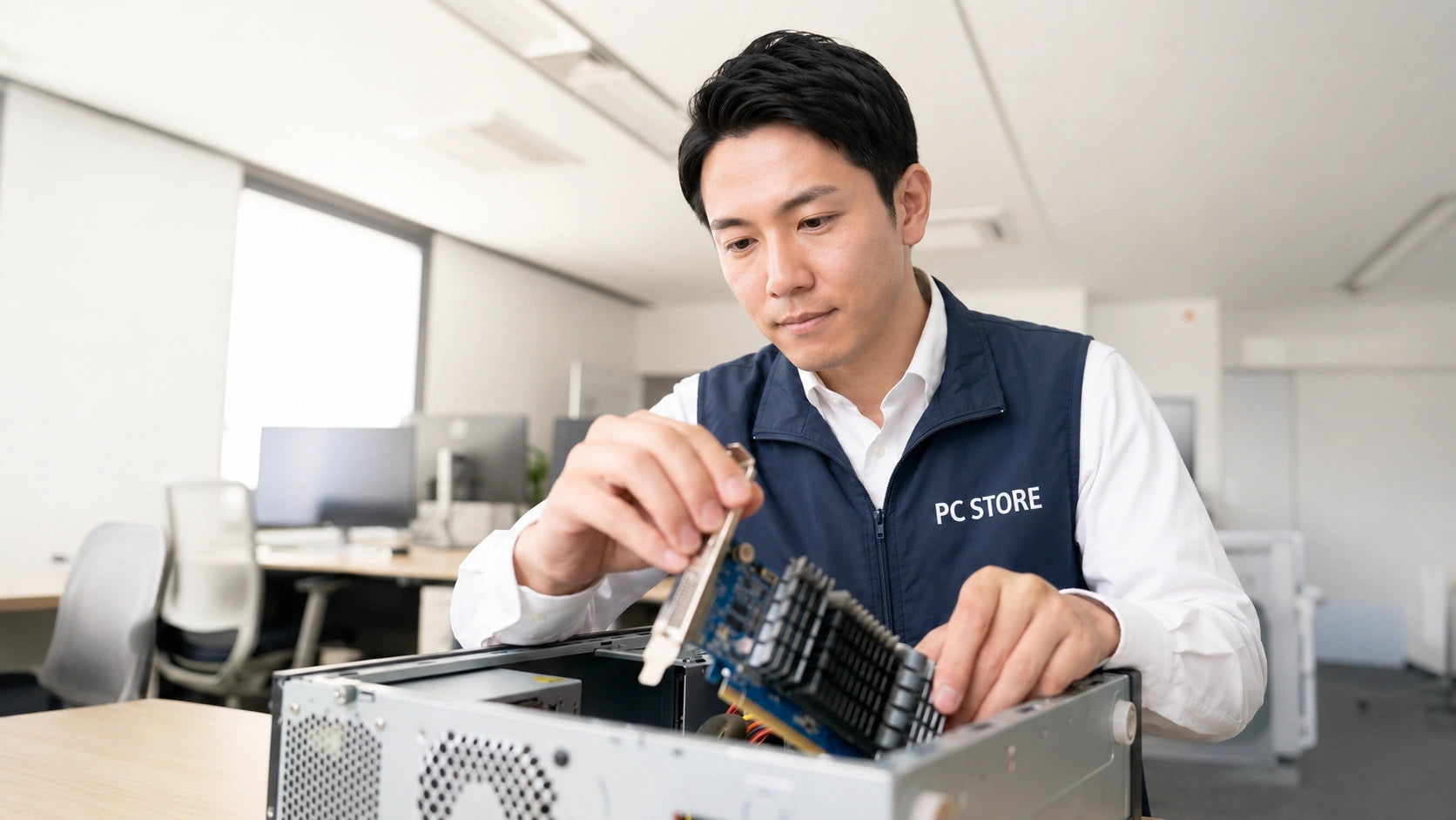 中古パソコンを分解清掃するPC STOREスタッフの大介